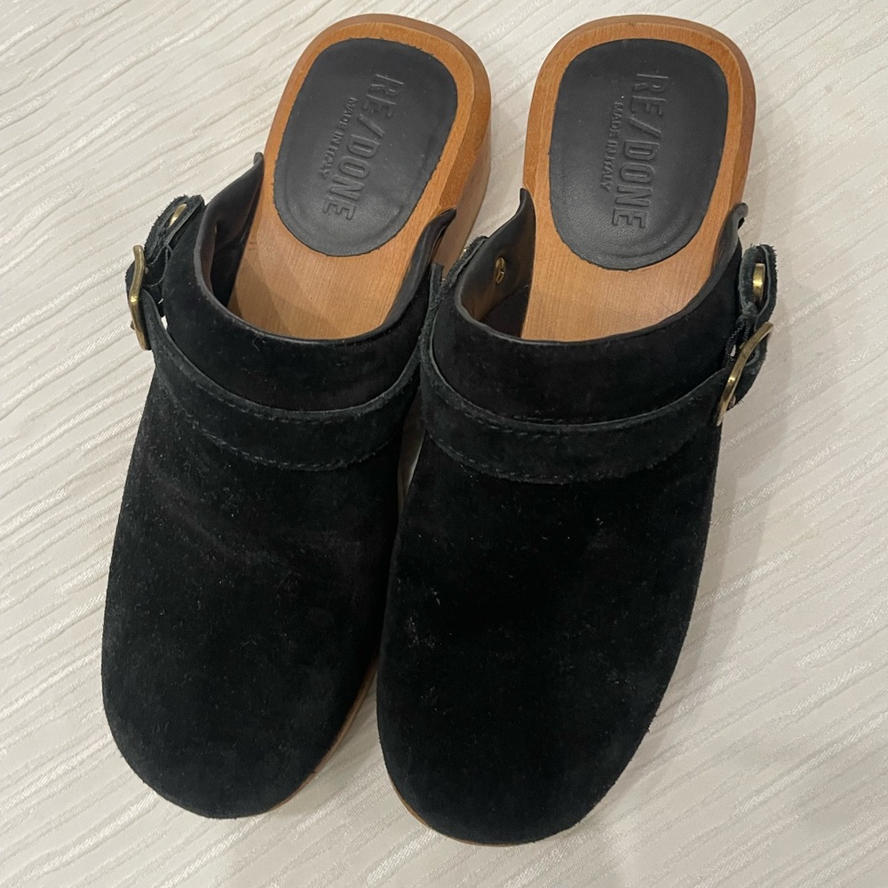 Women’s redone Black Suede Clogs with Wooden Sole
Size 37 runs like a 6